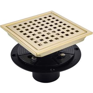 6 Inch Square Shower Floor Drain Brushed Brass with Flange,SUS304 Stainless Steel Gold Shower Drain Cover with Quadrato Pattern Grate Removable Hair Strainer,98738BG6-S.