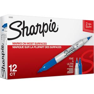 Sharpie Twin Tip Permanent Markers, Fine and Ultra Fine, Blue, 12 Count
