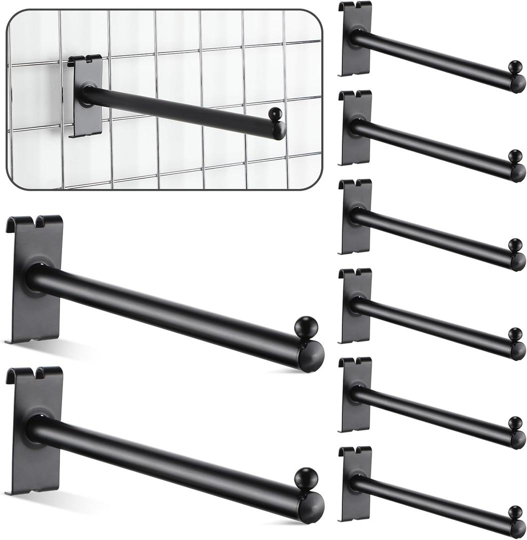 Therwen Pack of 10 Gridwall Hooks 12 Inches Straight Arm Faceout with One Ball Grid Wall Hangers Metal Grid Wall Panel Shelf Bracket Gridwall Accessories (Black)