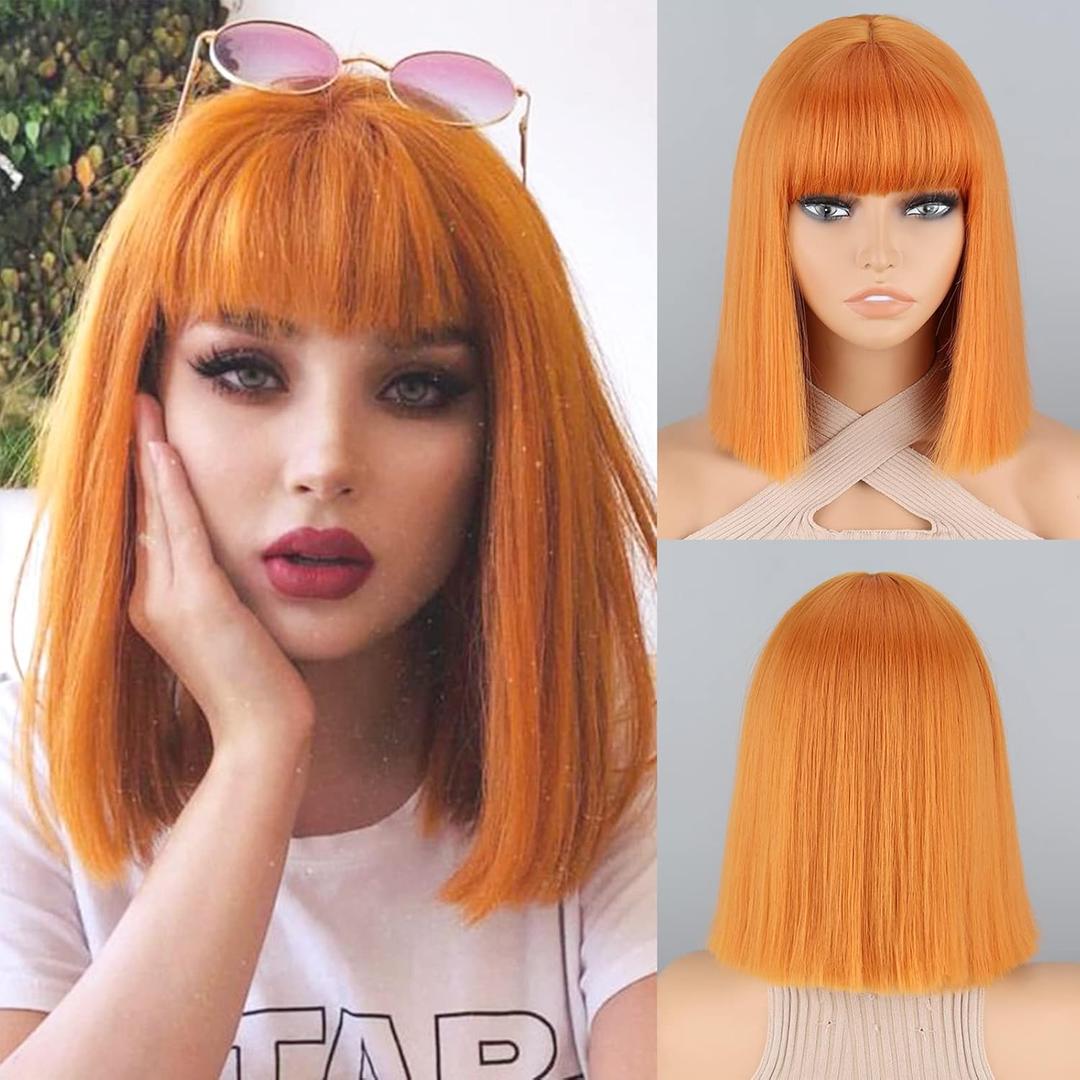 MERISIHAIR Short Orange Bob Wig with Bangs,Straight Bob Orange Wigs for Women,Cosplay Colorful Ginger Bangs High Temperature Heat Resistant Wigs for Women