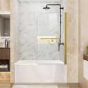 Bathtub Shower Door, 34" W x 58" H Hinged Bathtub Glass Door Semi-Frameless Bypass 1/4"(6mm) Tempered Glass Shower Door with Explosion-Proof Film Stainless Steel Brushed Gold