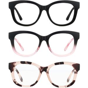 LADEESSE Readers for Women Oprah Style 3 Pack Square Oversized Reading Glasses with Spring Hinge Blue Light Blocking Ladies, 1.25x