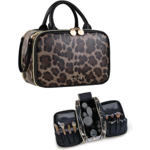 Prite Makeup Bag for Women, Large Capacity Waterproof Travel Cosmetic Organizer, Portable Open Flat Toiletry Bag with Free-standing Brush Holder and Handle(Leopard Print Medium)