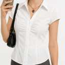 SUNNOW Women's Pleated Bust Button Down Shirt Tie Back Fitted Short Sleeve Blouse Casual Tops (White, M)