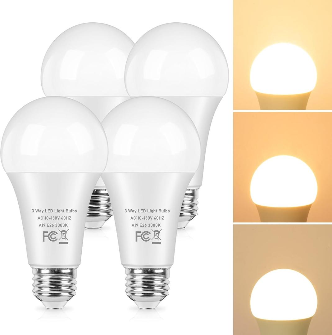 TOBUSA 3 Way Light Bulbs 50 100 150 Watt Equivalent Warm White, 4-Pack Three Way A19 LED Light Bulbs 3000K, Standard LED Bulbs E26 Medium Base, Energy-Saving Indoor 3-Way Light Bulbs for Reading Lamp