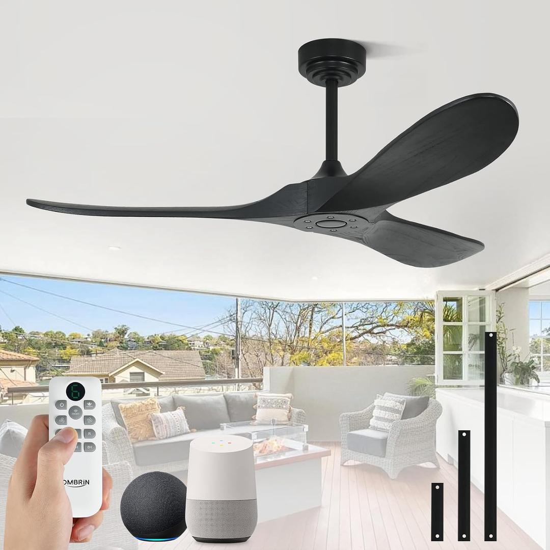 52 Inch Outdoor Ceiling Fans without Lights, Smart Wood Ceiling Fan no Light with Remote Control Voice Control Alexa, Outdoor Fan for Patios Farmhouse 3 Blades High CFM Ceiling Fans Black