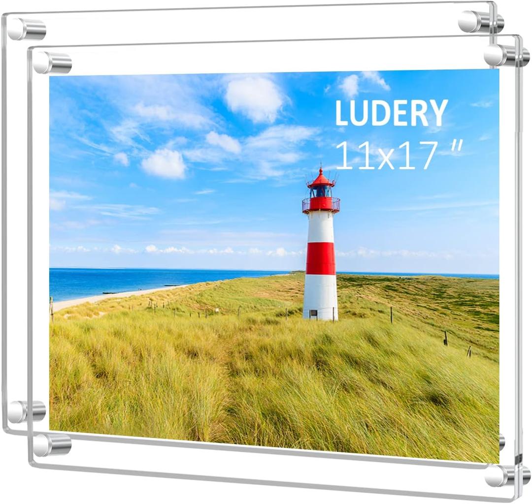 11x17 Clear Acrylic Wall Mount Floating Frameless Picture Frame for Wall, Frameless Photo Frame Panel For Degree Certificat, artwork and family portraits(Full Frame is 14.5x18.5)-2pack