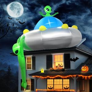 Kalolary 6FT Halloween Inflatable Hanging Alien UFO Outdoors Decoration, Blow Up Yard Decorations Scary Alien Inflatable with Build-in LED Lights for Halloween Party Garden Lawn Indoor Outdoor Decors