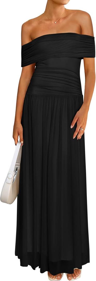 MASCOMODA Women Off The Shoulder Mesh Maxi Dress Bodycon Ruched Formal Sleeveless Pleated Cocktail Wedding Guest Long Dresses (Medium, Black)
