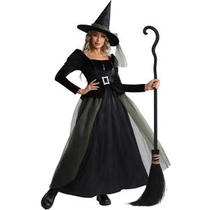 Womens Green Witch Costume Long Dress for Halloween, Cool Gothic Floor-Length Gown with Sleeves, Cosplay Party Outfit (M)