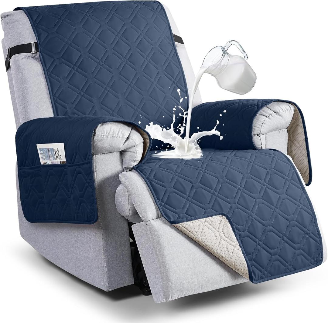 VANSOFY 100% Waterproof Recliner Chair Covers, Recliner Cover Non-Slip Dog Chair Cover Furniture Protector Washable Slipcover with Pocket, Elastic Straps for Pets, Dogs(Navy Blue, 23.6")
