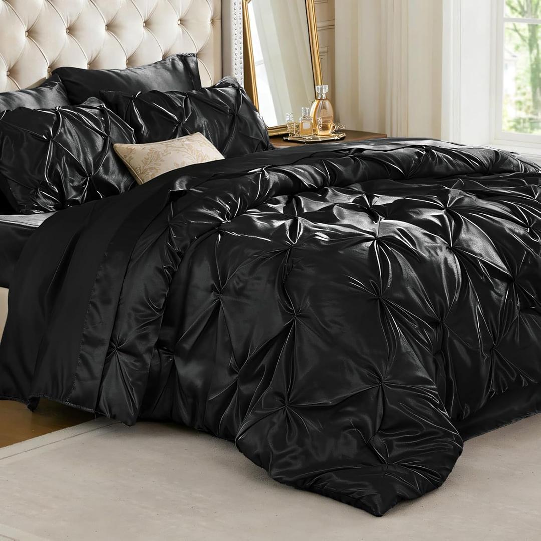 BEDELITE Satin Comforter Set King Size, 7 Pieces Pintuck Bed in A Bag with Comforter, Flat Sheet, Fitted Sheet, Pillowcases, Shams, Soft Cozy Similar to Silk Bed Set for All Seasons (Black)