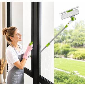 ORIXA U Shaped Window Cleaner for Outside Windows, Extendable Telescopic Pole with Rotatable Squeegee Head, Clean Exterior Glass from Inside, 2 Reusable Microfiber Cloths
