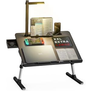 Laptop Bed Tray Desk with LED Desk Light, SAIJI Adjustable Laptop Stand for Bed, XX-Large PVC Leather Foldable Table with Book Stand,Wrist Rest, Extra Leg Room(Black) (23.6 x 17.7 In)