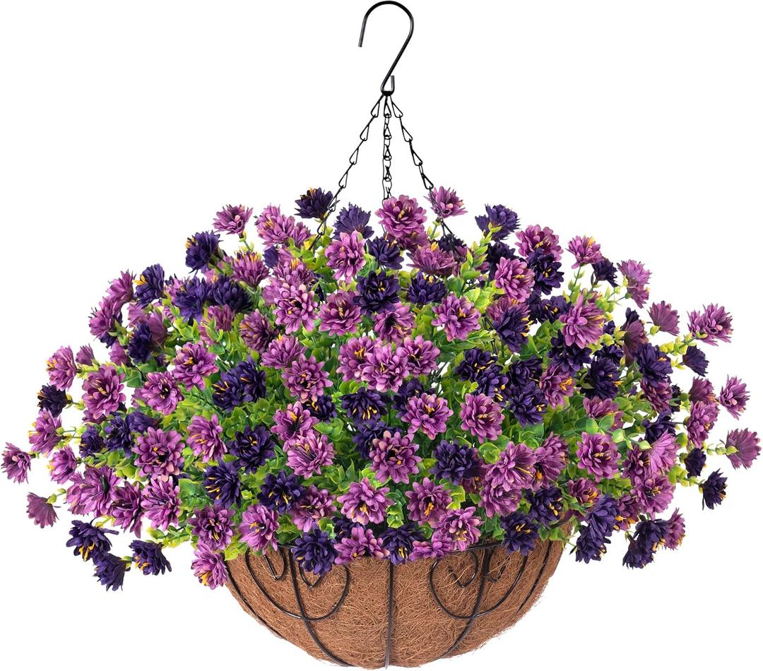 Artificial Faux Hanging Flowers Basket for Spring Outdoors Decoration, Silk Fake Mums Flowers Daisy with Baskets for Outside Porch Summer Decor(Purple Coffee)