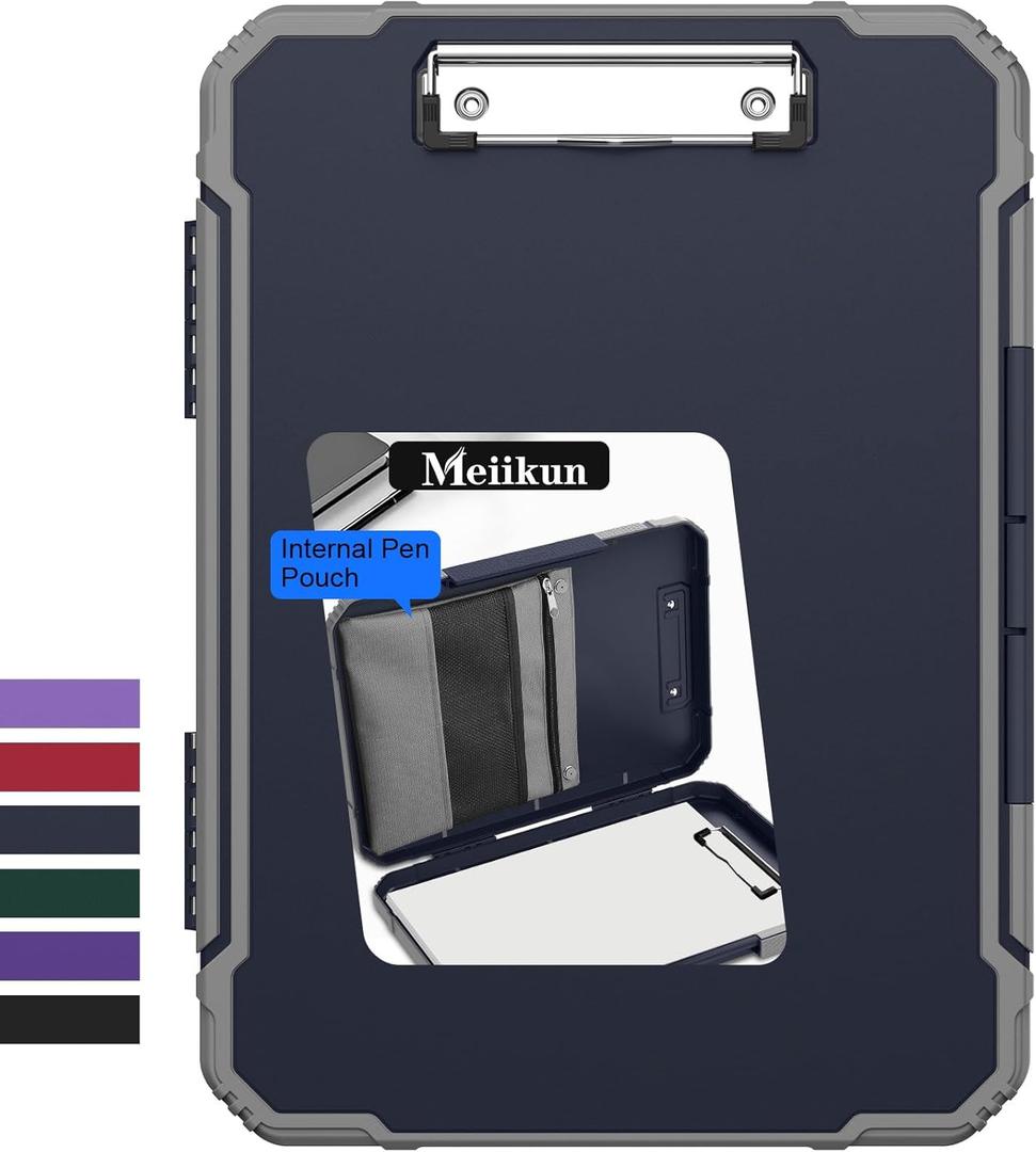 Meiikun Clipboard with Storage, Rugged Shockproof Protective, Internal Pen Pouch & Metal Clip, Heavy Duty Plastic Clip Boards 8.5x11, High Capacity Contractor Folder for School Office (Navy)