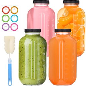4 Pack 32oz Glass Juice Bottles with Lids, Reusable Milk Containers, Glass Drinking Jars for Juice, Bubble Tea, Smoothie, Tea, Kombucha