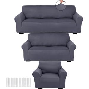 Peryiter 3 Pcs Slipcover Set for Couch Furniture Covers for Sofa Loveseat Couch Arm Chair, Form Fit Stretch, Wrinkle Free, Furniture Protector(Dark Gray,Milk Silk Spandex)