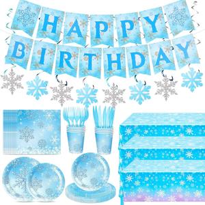 Teenyyou 148 Pcs Summer Snowflake Birthday Party Supplies Wonderland Snowflake Winter Party Decorations with Disposable Tablecloths Plates Cups Napkins Forks Spoons Banners for Summer, Plates: approx. 7 inches and 9 inches