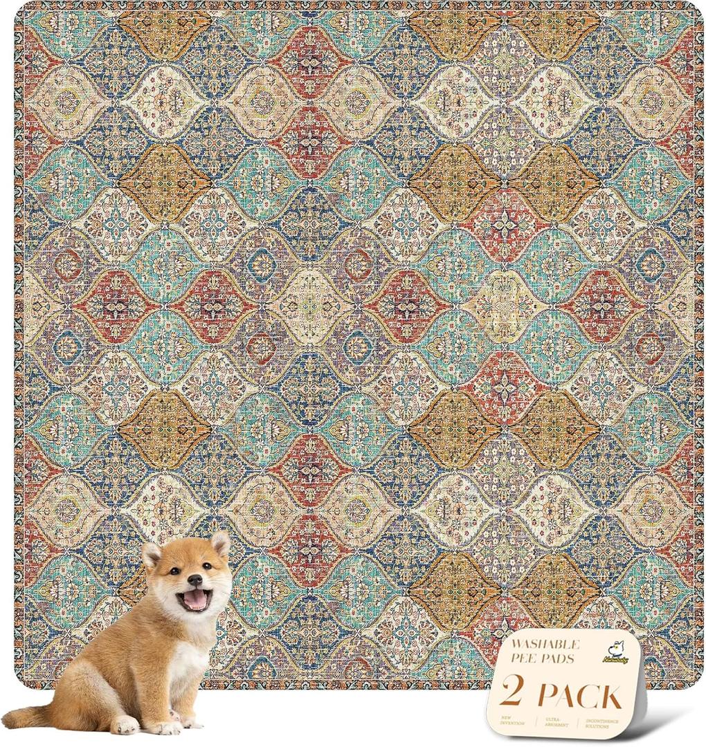 Nunubaby Washable Pee Pads for Dogs, Stylish, Non-Slip and Leak-Proof Pee Pads. Reusable Potty Pads for Dogs for Crates and Floors.(Cream/Multi, 54" x54" ) (54x54 Inch (Pack of 2))