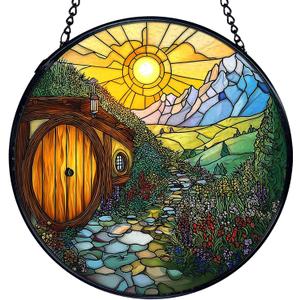 TNUW Cottagecore Mountain Flower Stained Glass Window Hanging, Fantasy Whimsical Cottage Sun Catchers Indoor Window Glass Round Wall Art Decor, Nature Sunset Wall Hanging Decorations, 7.9x7.9