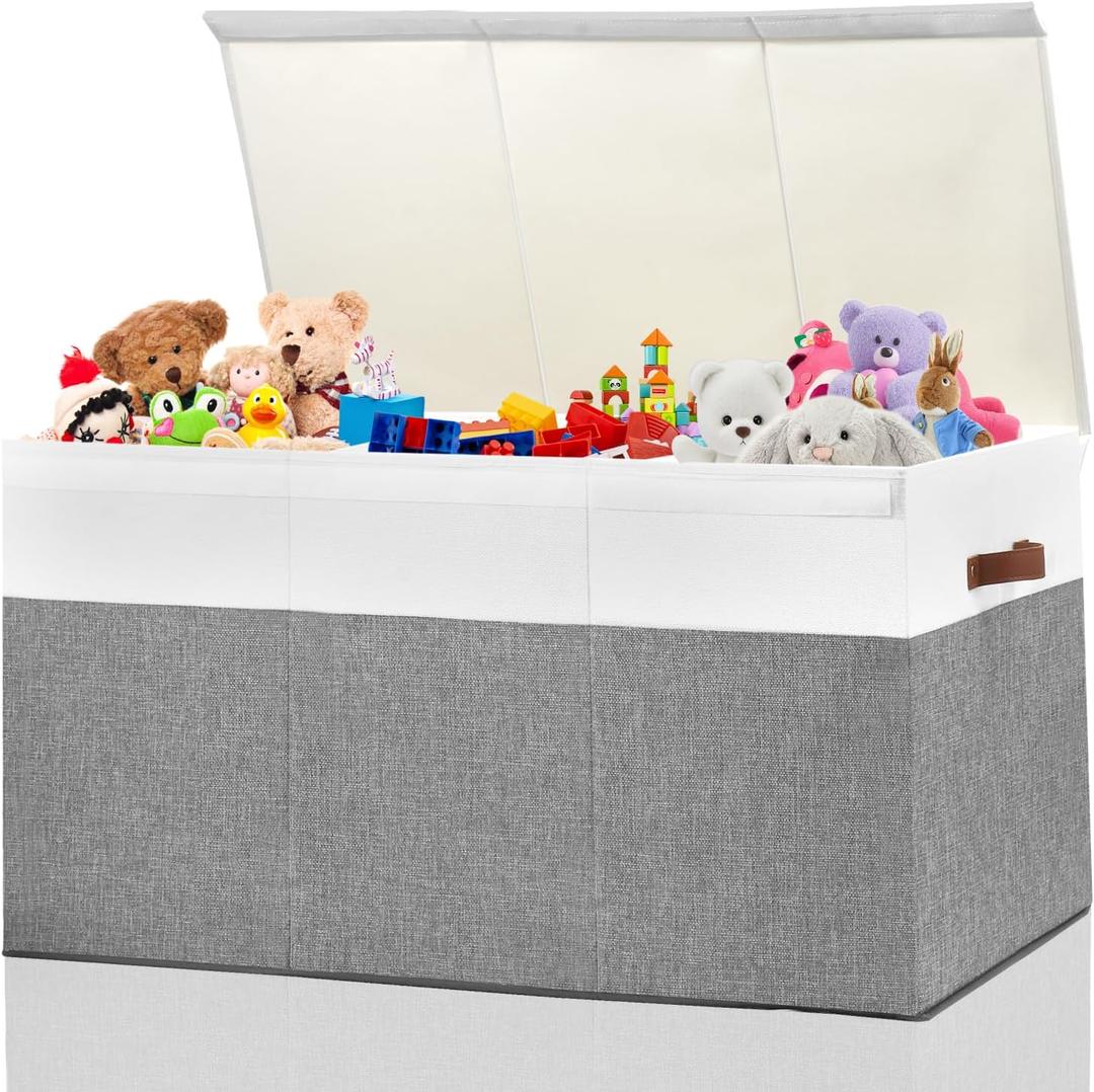 Extra Large Toy Storage Box with Lid, Sturdy Toys Storage Chest Bin Organizer Basket with Dividers for Kids, Boys, Girls, Nursery, Closet, Bedroom, Playroom 35.5"x17" x17"(Grey and White)