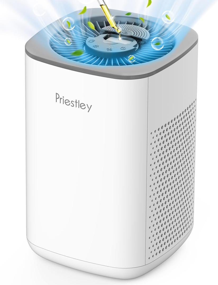 Priestley Small Air Purifiers for Home Bedroom Dorm Office Desktop, 20dB Quiet 3-in-1 HEPA Air Purifier with Essential Oil Diffuser, Air Filters Smoke, Allergies, Pet Dander, Odor, Dust (Small Rooms Up to 346 Sq Ft, WHITE)
