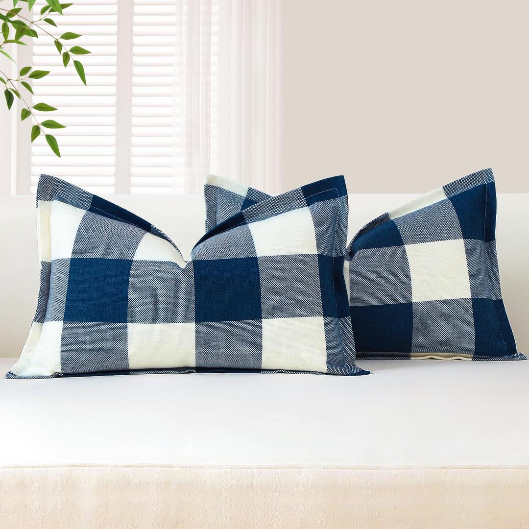 4 x OTOSTAR Pack of 2 Gingham Buffalo Check Plaid Decorative Throw Pillow Covers Linen Christmas Tartan Lumbar Pillow Covers with Stitched Edge Farmhouse Pillow Cases for Sofa Bed 18x18 Inches, Blue