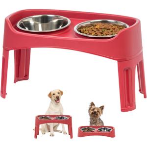 IRIS USA Elevated Dog Bowls Adjustable Stand, Raised Feeding Station with 2 Stainless Steel 64 oz Bowls, Spill Guard, Dual Height 12.25" or 4.63", Made in USA, Red