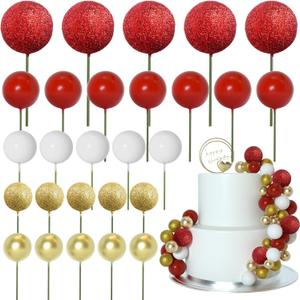 ASTARON 50 Pcs Ball Cake Topper Sticks Mini Balloons for Cake Decorating Supplies Foam Balls for Graduation Cake Birthday Cake Toppers Decorations (GoldRed Series)