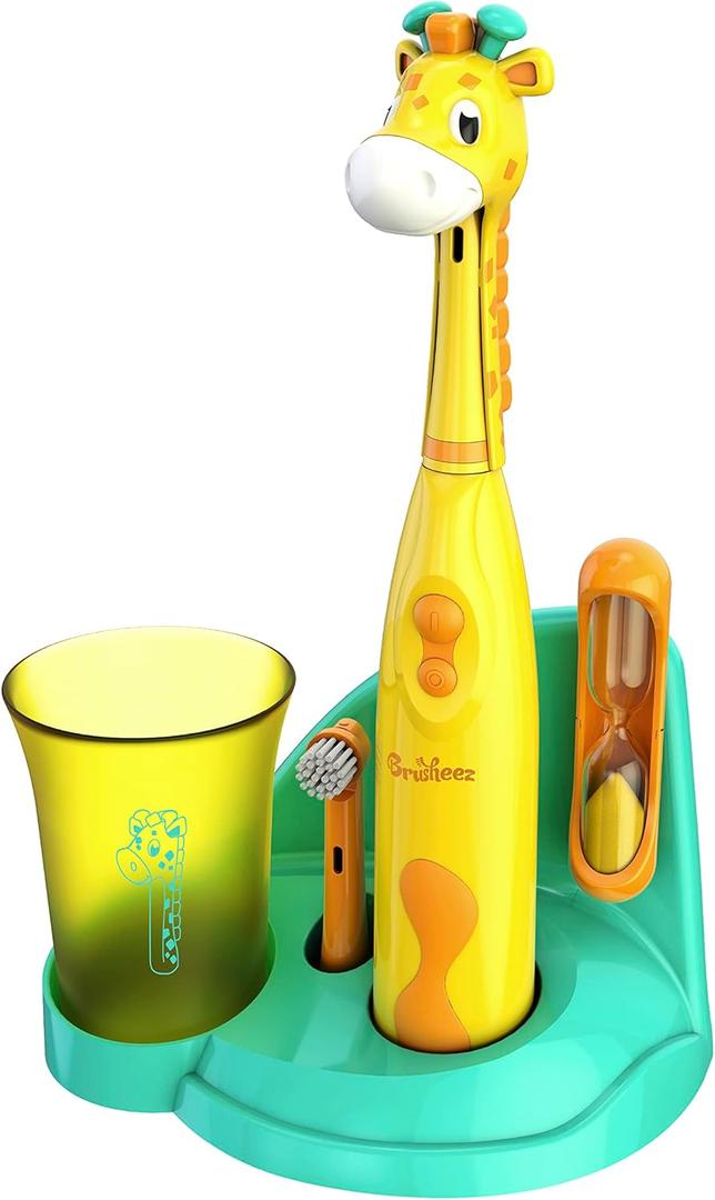 Brusheez Kids Electric Toothbrush Set - Safe & Effective for Ages 3+ - Parent Tested & Approved with Gentle Bristles, 2 Brush Heads, Rinse Cup, 2-Minute Timer, & Storage Base (Jovie The Giraffe)