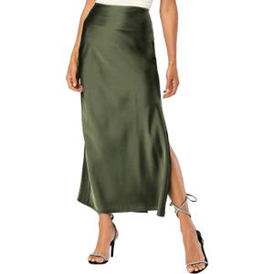 Womens Satin Silk Maxi Slit Skirt Elastic Waistband Maxi Long Satin Slit Skirts for Women (Medium, Army Green)