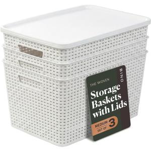 BINO | Plastic Storage Baskets with Lids, 22 Liter - 3 Pack, White | THE WOVEN COLLECTION | Storage Basket for Shelves | Woven Storage Baskets for Organizing Bins Pantry Shelf Organizer Container Bin