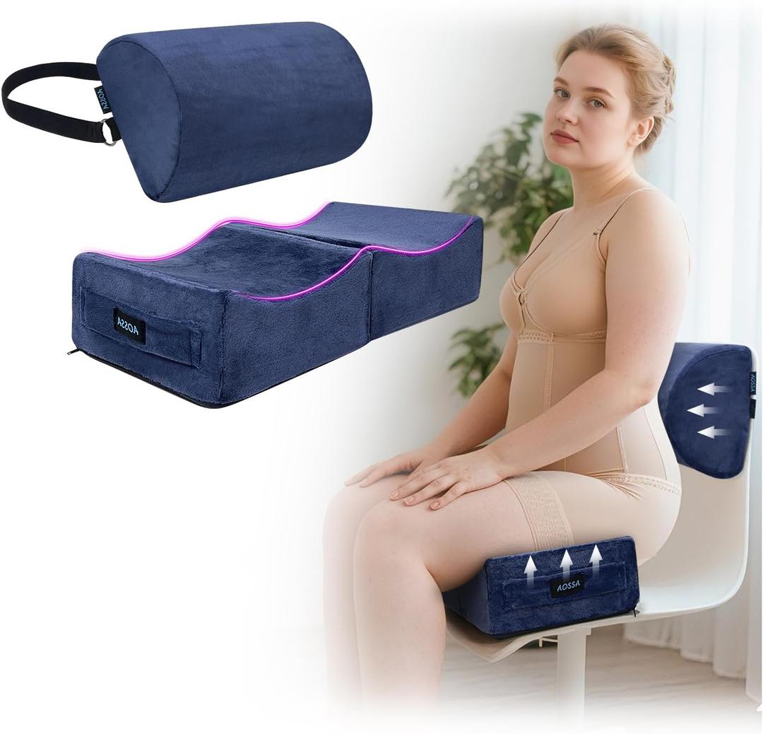 AOSSA BBL Pillow After Surgery for Sitting, Driving - Brazilian Butt Lift Seat Cushion & Back Support Set, Foldable Booty Pillow for Car, Travel, Office - Post Surgery Lipo Recovery Supplies (Blue)