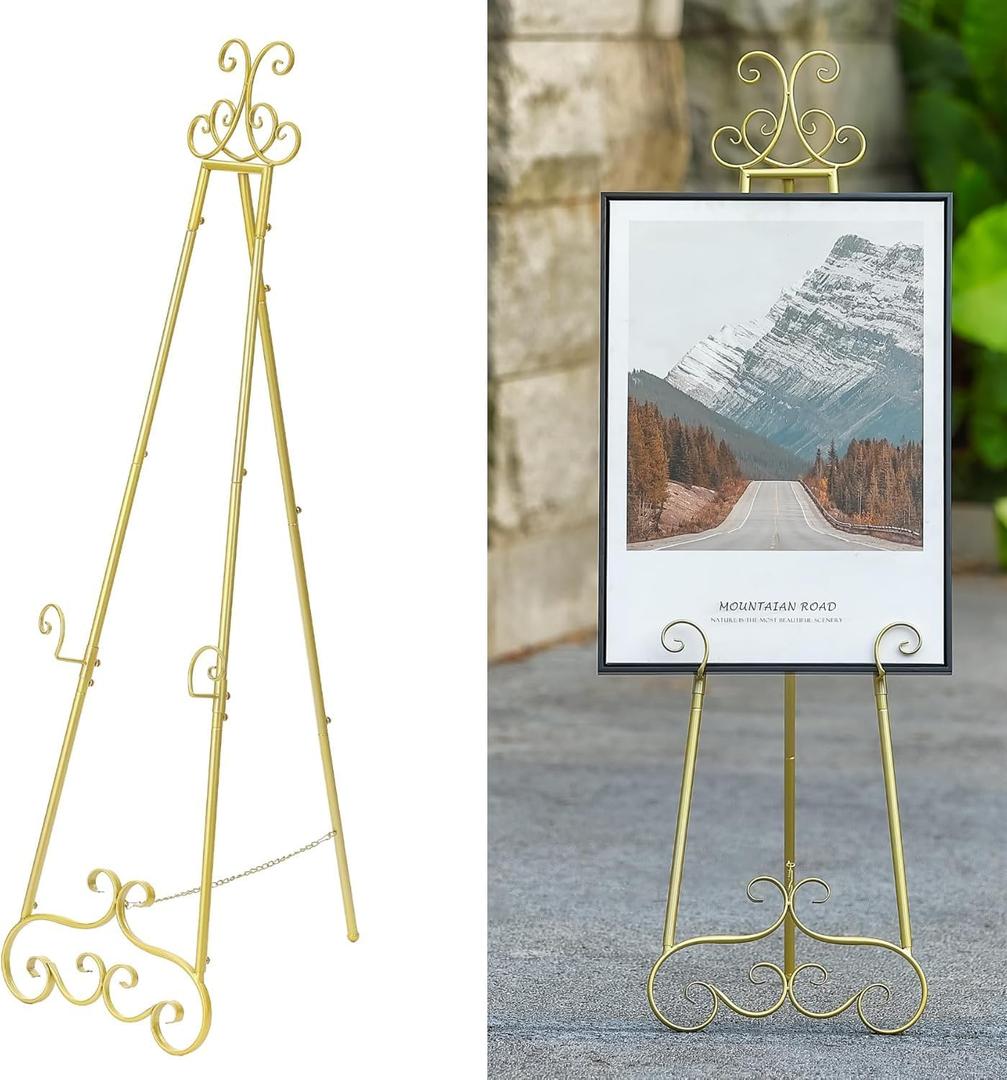 57H Metal Easel Stand for Sign Gold, Upgrade Large Free Standing Adjustable Display Scroll Easel Stand, Heavy Duty for Mirror Pictures Wedding Holder Showcasing with Chain Support
