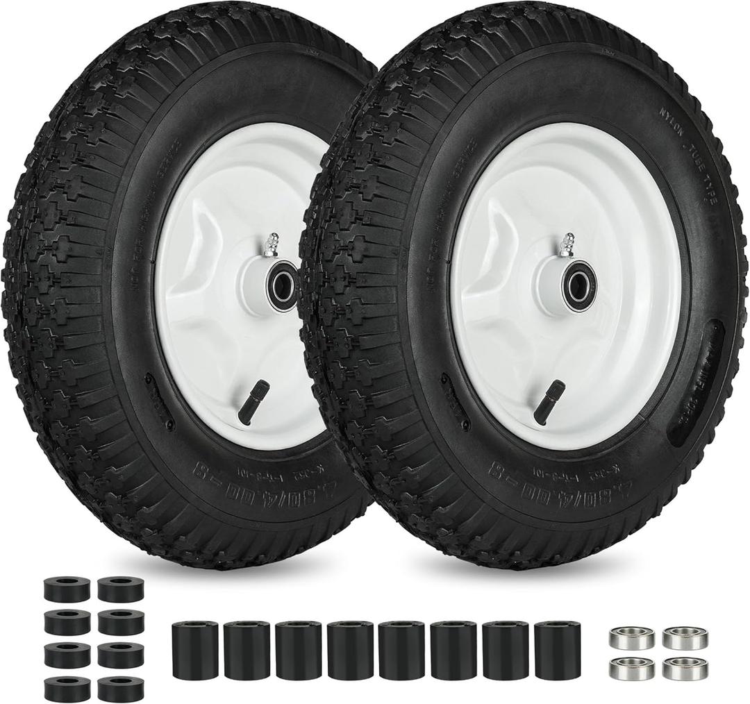 LotFancy 4.80/4.00-8 Tire and Wheel, 2 Pack 16 Pneumatic Wheelbarrow Tires, 5/8 Bearings, 3-7 Centered Hub, Replacement Tube for Wheelbarrows, Garden, Utility Carts, Trolleys, Wagon