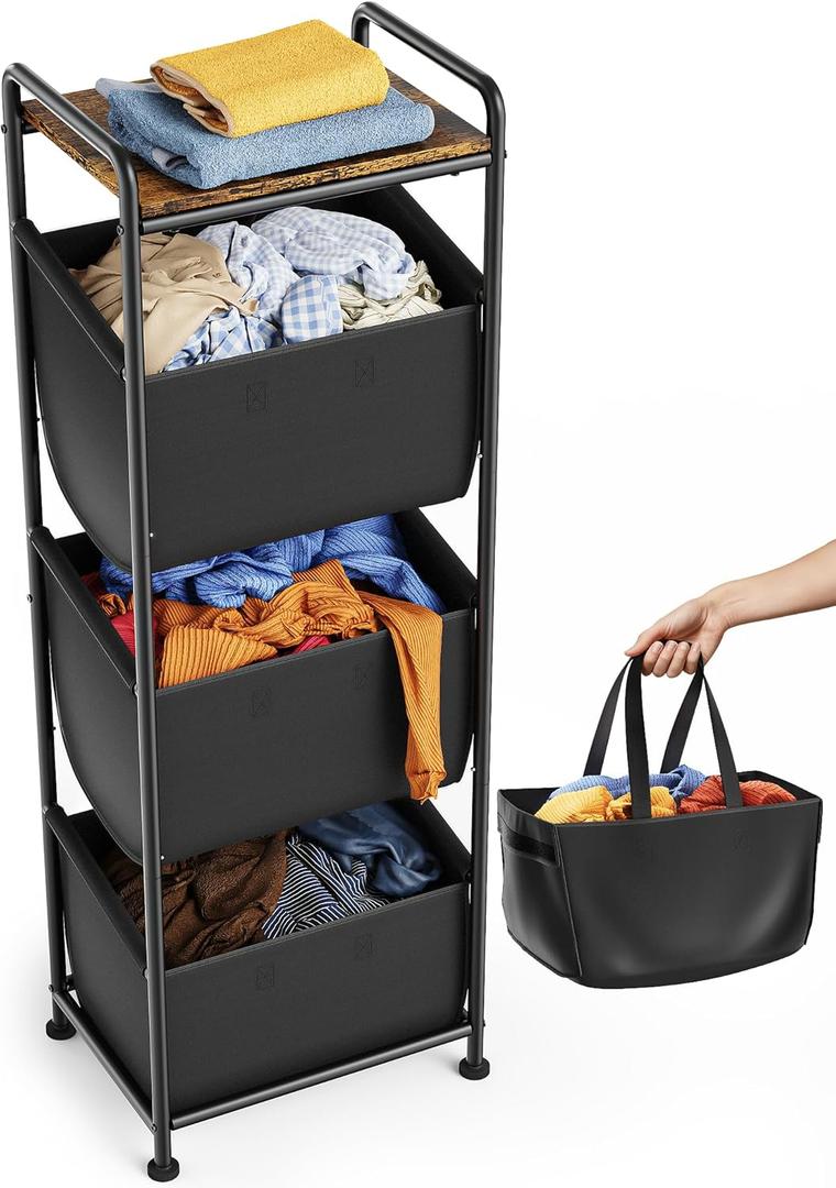 Moforoco Vertical Laundry Sorter 3 Section with Shelf, Laundry Hamper with Removable Bag, 120 L Laundry Baskets Organizer for Bathroom, Apartment, Dorm Room, Black