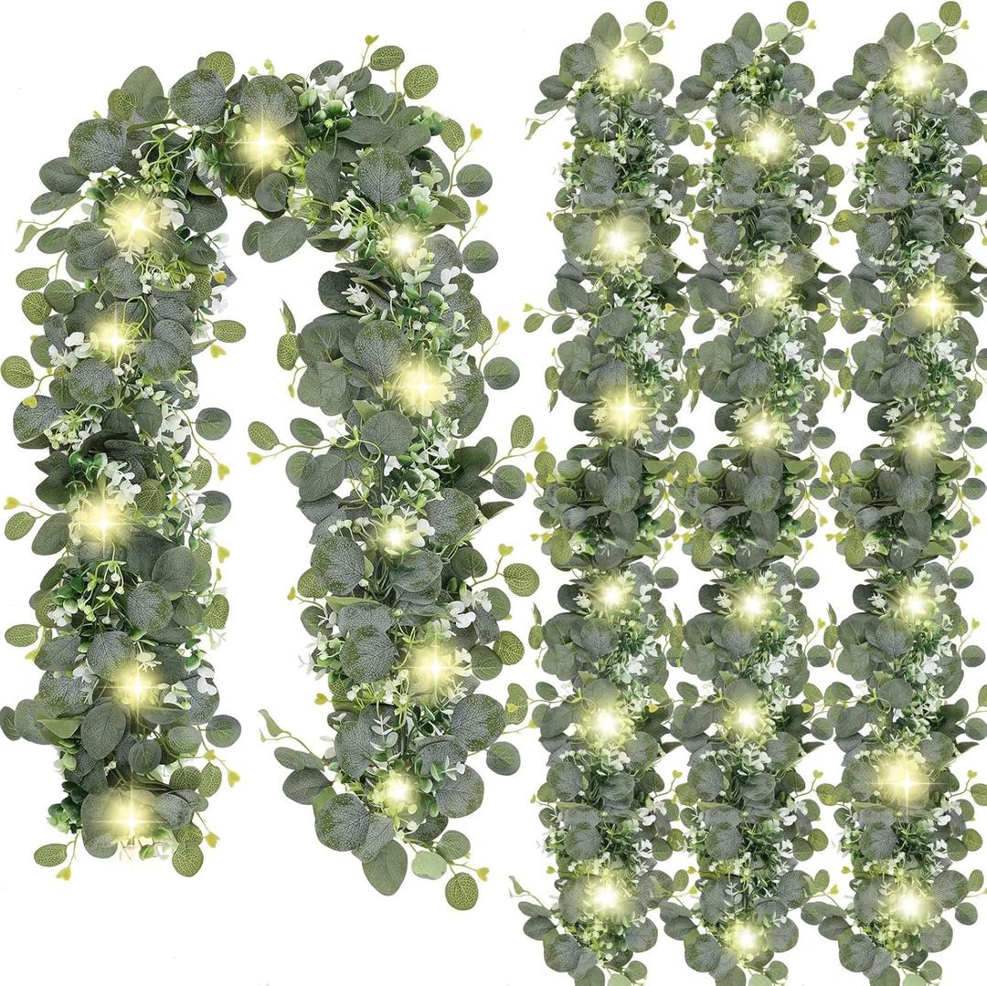 N&T NIETING Pack of 4 Artificial Eucalyptus Garland with Lights, 6FT Artificial Greenery Garlands, Battery Operated Twig Vine for Room Stairs Mantle Wedding Holiday Decoration Indoor Outdoor