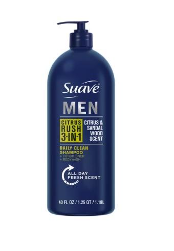 Suave Men Citrus Rush 3-in-1 Shampoo, Conditioner & Body Wash, Daily Clean, Citrus & Sandalwood, 40 fl oz