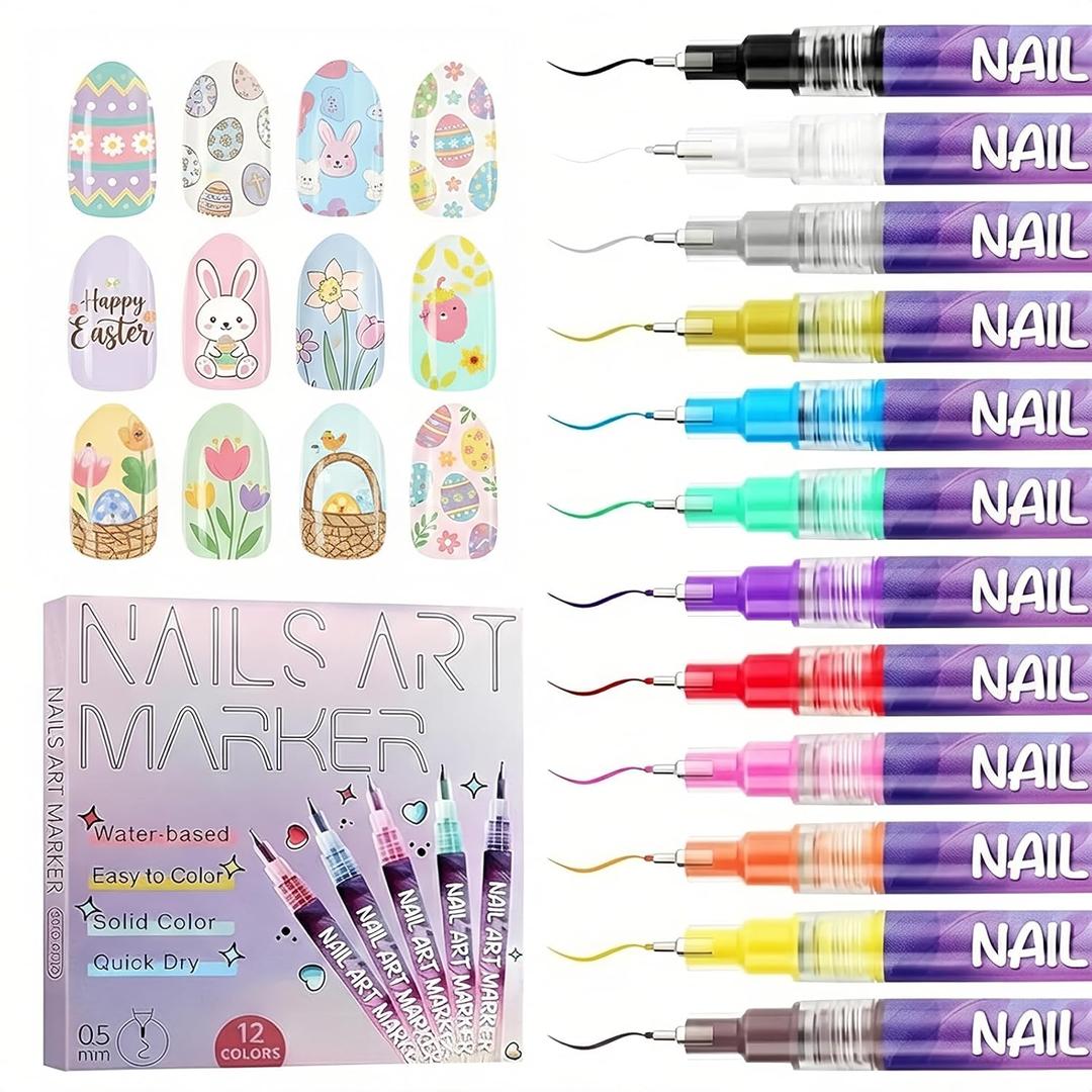 Easter Basket Stuffers for Kids Nail Art Pens Set 12 Colors,Nail Art Markers Polish Pen 0.5mm for 3D Nail Art,Diy Nail Art Tools for Dotting Drawing Painting Point Liner for Home Salon