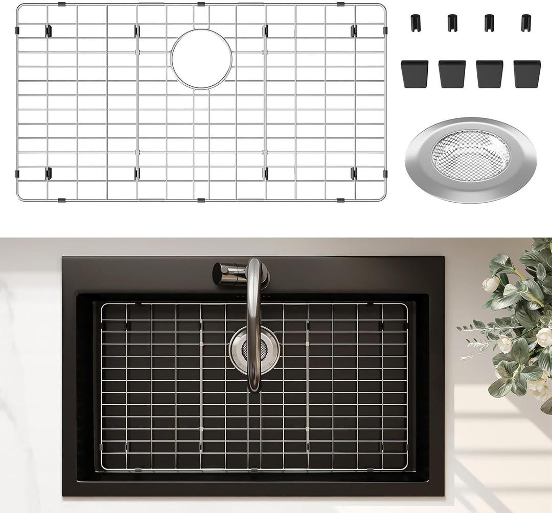 Stainless Steel Sink Protector 28-3/4" x 15-3/4" with Rear Drain, Metal Sink Rack for Bottom of Sink, Kitchen Sink Grate and Sink Protectors with Sink Strainer (28-3/4" x 15-3/4" - Rear Drain)