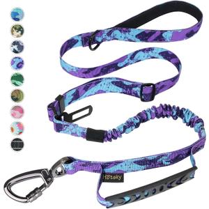 Hotsky Tactical Dog Leash Heavy Duty for Medium Large Dogs That Pull, 4- 6 Ft Strong Bungee Shock Absorbing No Pull Dog Leash with Padded Double Handle and Car Seatbelt, Purple Camo (Medium / Large, Purple Camo)