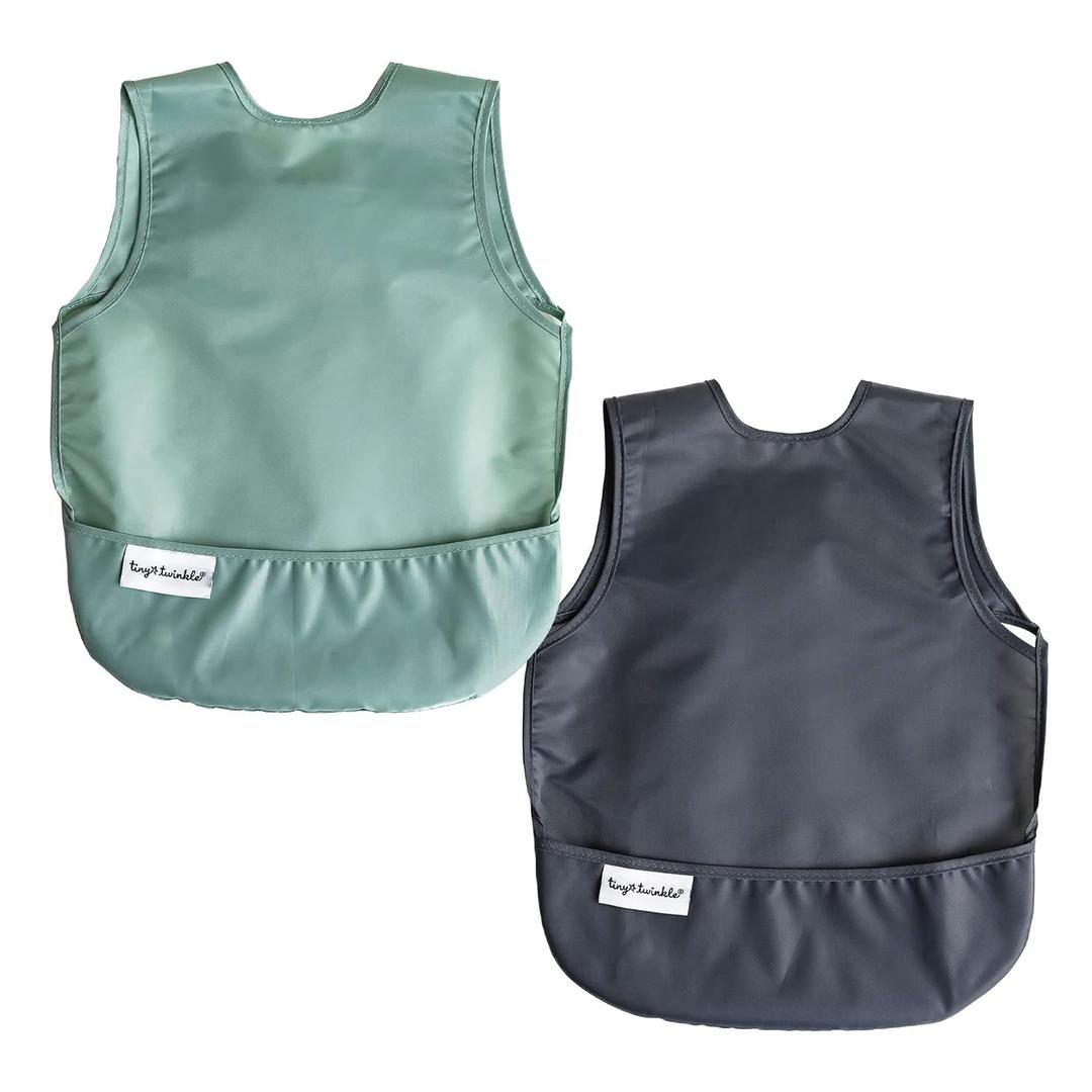 Tiny Twinkle Mess Proof Apron Bibs - 2 Pack Waterproof & Lightweight Baby Bibs for Led Weaning | 100% Recycled Polyester, Easy Clean & Machine Washable (Sage Charcoal, Small 6-24 Months)