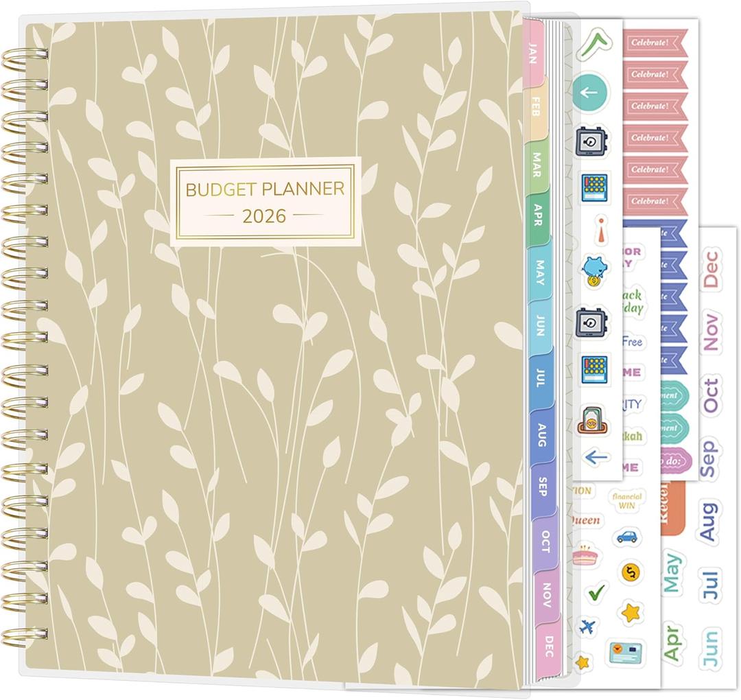 SUNEE 2026 Budget Planner - Deluxe Monthly Budget Book from JAN 2026 - DEC 2026, Bill Organizer with 12-Pockets, Expense Tracker Notebook B5 Size (8" x 10"), Finance Planner with Stickers, Sage Vine