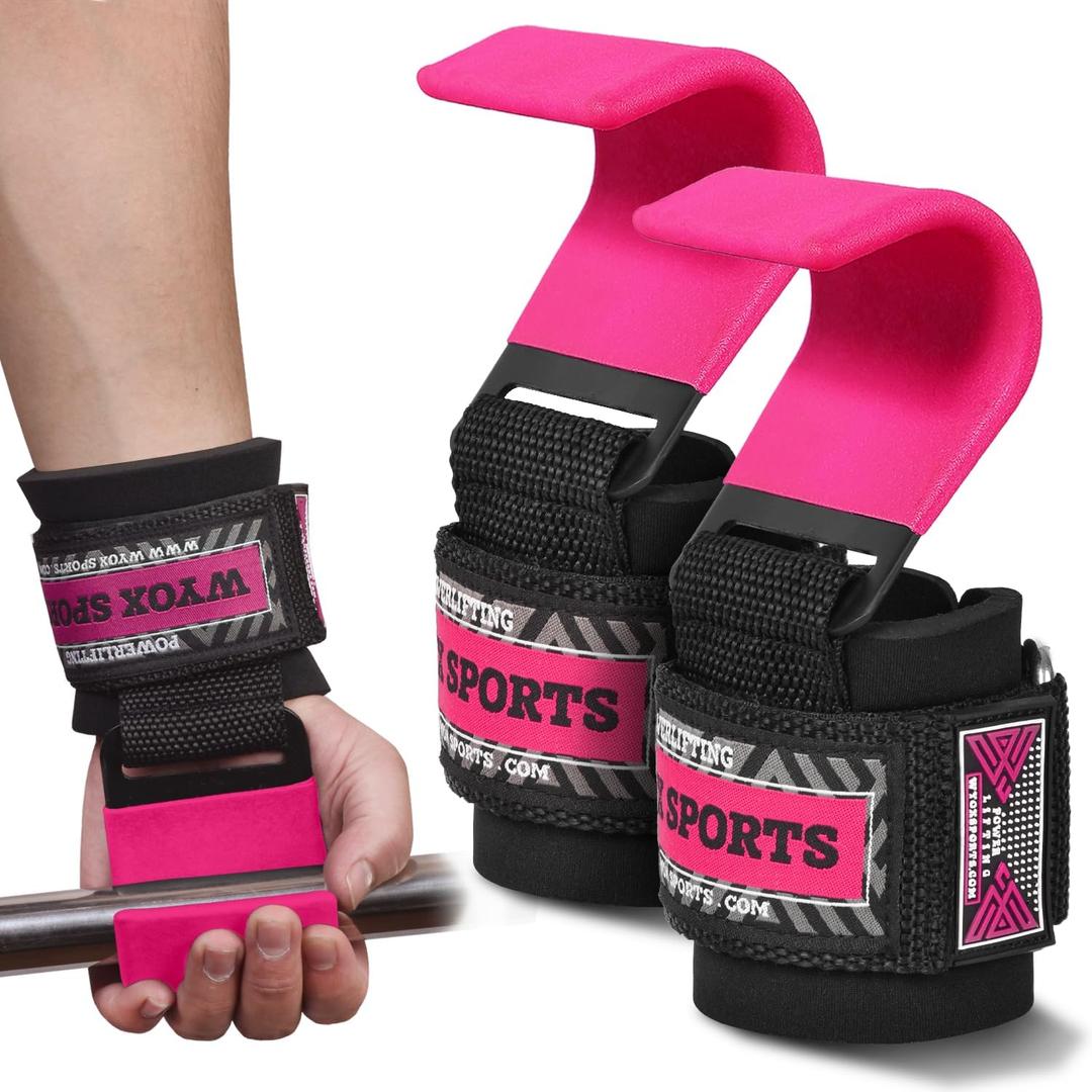 WYOX Weight Lifting Hooks with Lifting Wrist Straps for Men and Women  Heavy Duty Thick Adjustable Wrist Support, Anti-Rip Nylon Strap with Enhanced Grip Hand Grips for Deadlifts, Pull Ups, Shrugs, Weightlifting Gym Training, Bodybuilding & Strength Training (Pink)