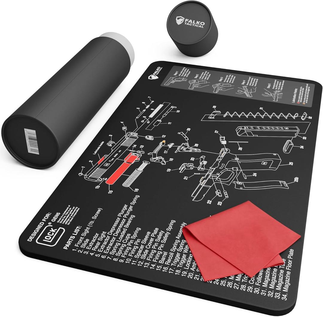 Falko Tactical Gun Cleaning Mat for Glock - Double Thickness Gun Mat - HD Exploded Diagram Including Parts List, Lubrication Points and Disassembly Steps (20 by 12 Inches) Falko Tactical Gun Cleaning Mat for Glock - Double Thickness Gun Mat - HD Exploded Diagram Including Parts List, Lubrication Points and Disassembly Steps (20 by 12 Inches)