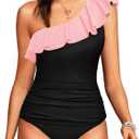 Yonique Women's Two Piece Swimsuits One Shoulder Tankini Tummy Control Bathing Suits Ruffle Swimwear (X-Large, Peach and Black)