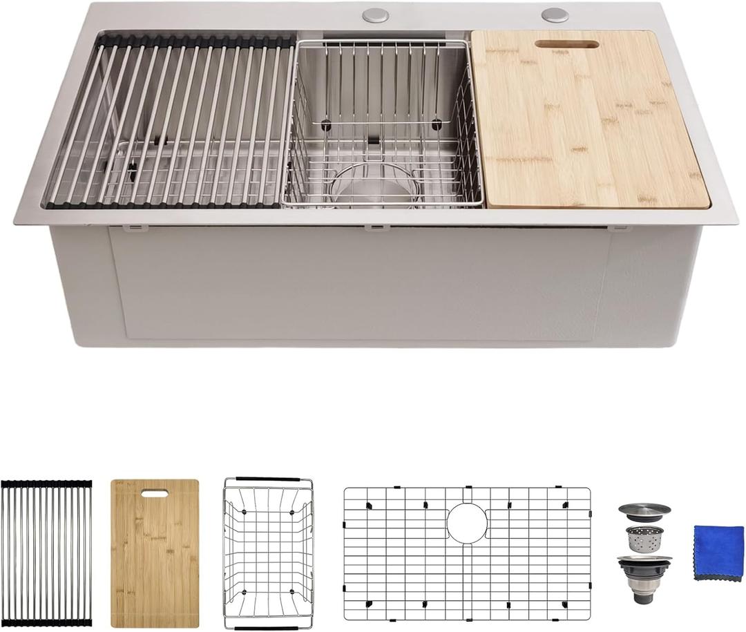 33x19 Drop In Kitchen Sink - Delironexu 16 Gauge Stainless Steel Sinks, 33 Inch Drop In Kitchen Sink Single Bowl, Top Mount Workstation Sinks with 6 Accessories Package (33x19x9 Topmount Workstation)