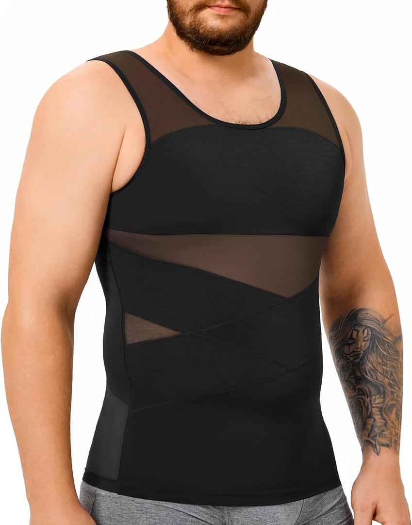 TAILONG Mens Compression Shirt Body Shaper Slimming Shirt Plus Size Gynecomastia Compression Tank Top (X-Large, Black)
