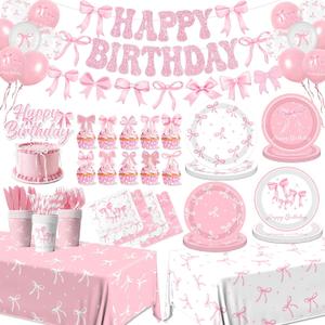 Pink Bow Birthday Party Supplies Serve 24, Coquette Birthday Decorations Include Bow Plates Napkins Cups Banner Tablecloth Cake Topper Balloons Bow Theme Tableware for Girls Bachelorette Decor